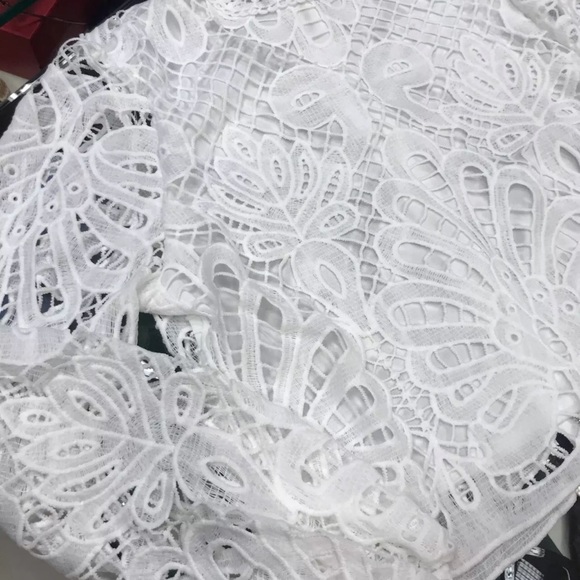 White Lace Lotus Ballon Sleeve Crochet Cut Top - Picture 2 of 6